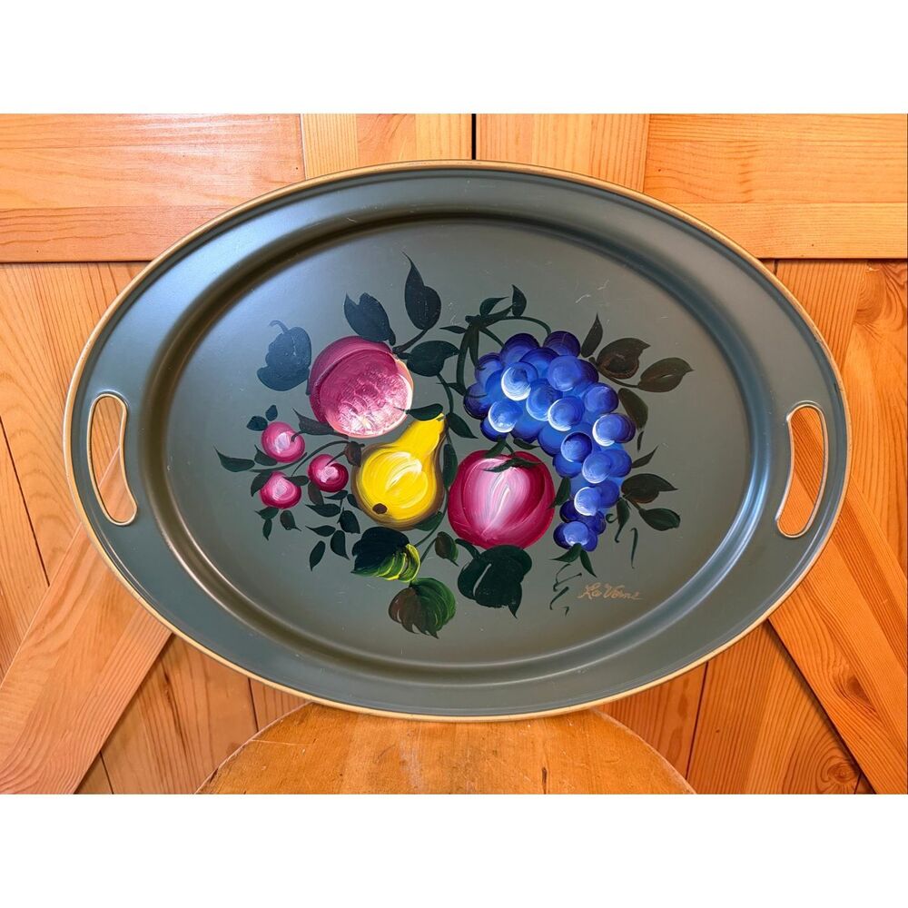 Vintage Hand Painted Fruit Nashco Olive green Metal Tray 19.75” (7183)